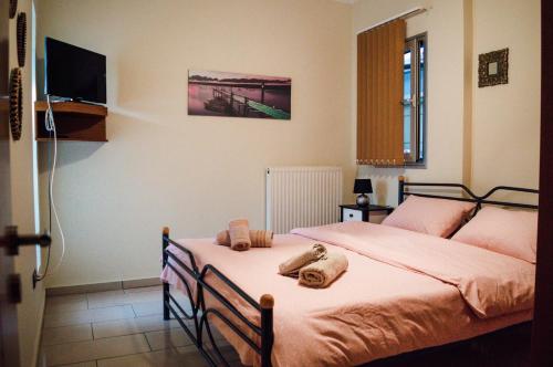 Schlafzimmer mit einem Bett mit rosa Bettwäsche und einem TV in der Unterkunft g.home in Tríkala