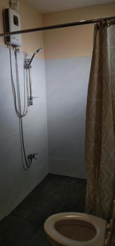 a bathroom with a shower and a toilet in a room at Claytown Pension House in Dumaguete