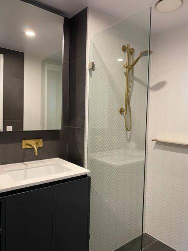 a bathroom with a glass shower and a sink at Central Canberra City apartment with study and full amenities including parking in Canberra