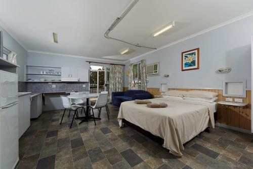 a room with a bed, a table, a refrigerator and a window at Ingenia Holidays Hunter Valley in Cessnock