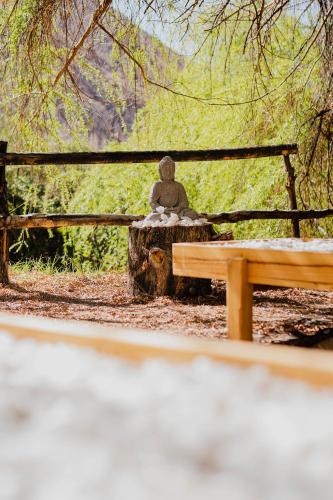 a person sitting on a bench next to a fence at Piuquenes Lodge - Cabañas, Viñedos y estrellas en Horcón, Valle de Elqui in Horcon