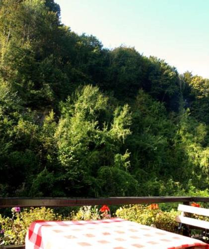 a table and a bench in front of a mountain at Villa Warempel in Valkenburg