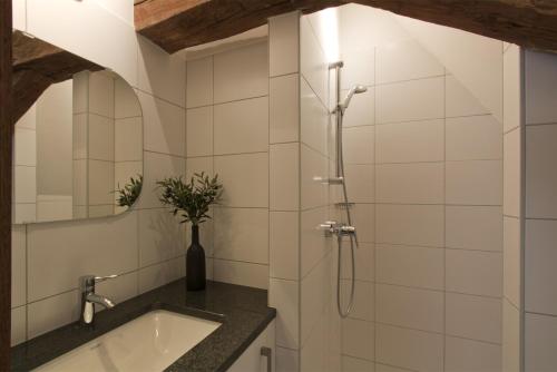 a bathroom with a sink and a shower at Residence des Recollets Apartments in Durbuy