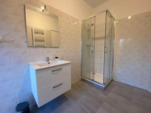 a bathroom with a sink and a shower at * L'appartement centre de Provins * ZEN LOC 4 in Provins