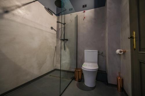 a bathroom with a toilet and a glass shower at Pensiunea Casa Buna in Gîrbova