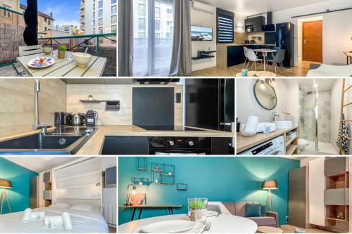 a collage of photos of a kitchen and a living room at HOMEY HELSINKI - Hyper centre - Proche Genève - Terrasse privée - Wifi & Netflix in Annemasse