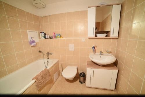 a bathroom with a sink and a toilet and a bath tub at Apartmán Adam Deštné v Orlických horách in Deštné v Orlických horách