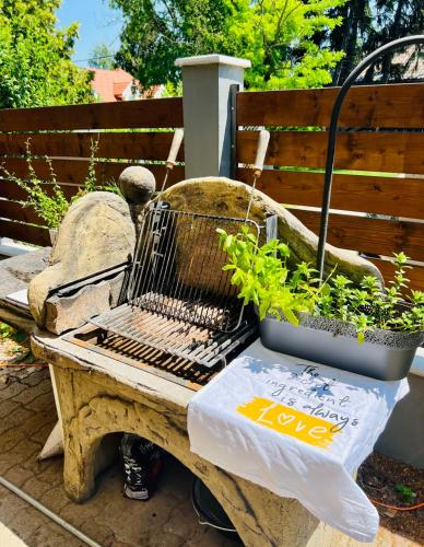 a bench with plants on top of it at Balcsitthon Apartmanok in Siófok