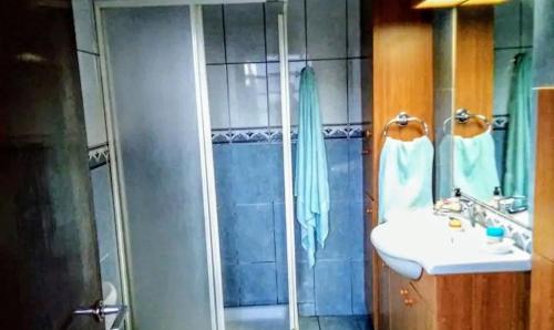 La salle de bains est pourvue d'une douche et d'un lavabo. dans l'établissement Σπίτι με θέα, à Alona