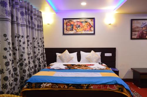 a bedroom with a bed with a blue light at Hotel Golden Sunrise & Spa in Pelling