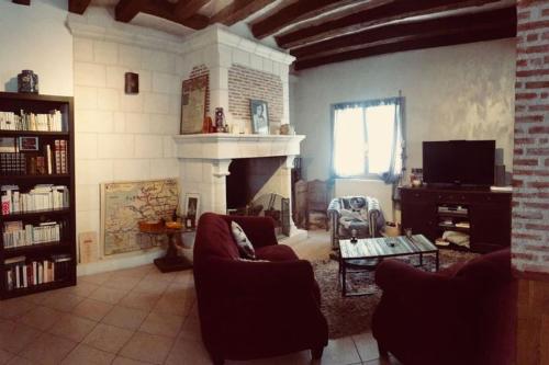ein Wohnzimmer mit Sofas und einem Kamin in der Unterkunft Superbe maison de caractère, de 1 à 9 couchages in Sainte-Maure-de-Touraine