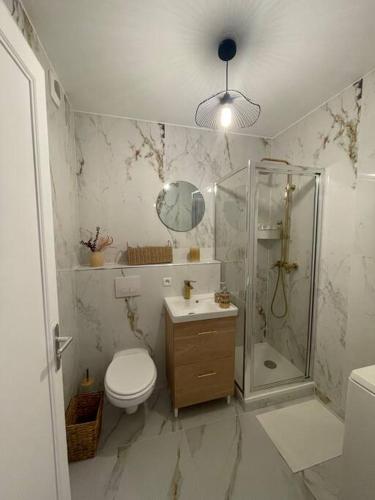 ein Bad mit einer Dusche, einem WC und einem Waschbecken in der Unterkunft Superbe appartement au cœur de La Défense in Courbevoie