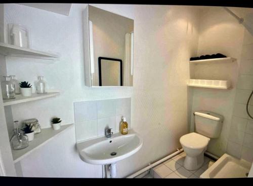 La salle de bains blanche est pourvue d'un lavabo et de toilettes. dans l'établissement Cute one bedroom in Le Marais, à Paris