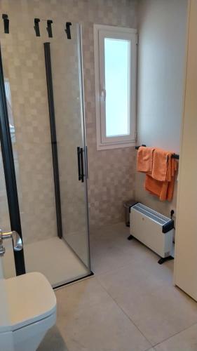 a bathroom with a shower and a toilet and a window at ÁTICO Pleno centro Parking in León