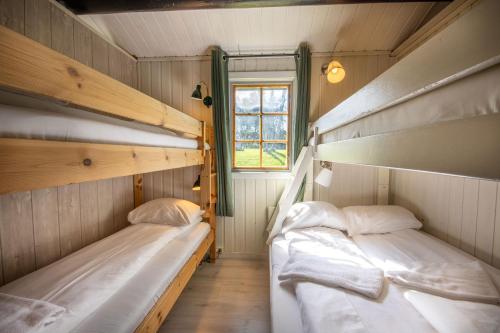 2 Etagenbetten in einem Zimmer mit Fenster in der Unterkunft Topcamp Mosjøen - Helgeland in Mosjøen