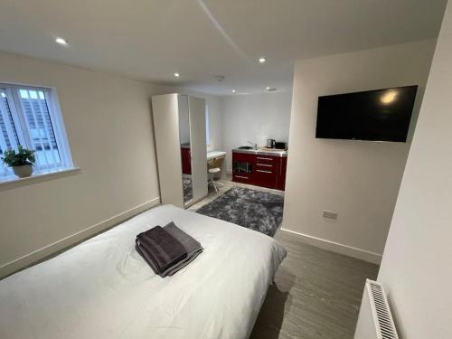 a bedroom with a bed and a flat screen tv at 3 Studio close to amenities & transport links in Bristol