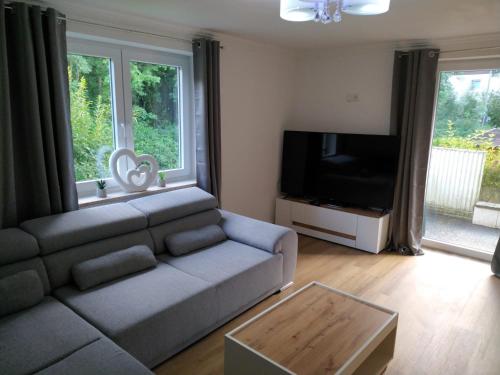 ein Wohnzimmer mit einem Sofa und einem Flachbild-TV in der Unterkunft Ferienwohnung Maustadt in Memmingen