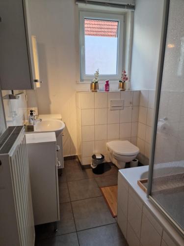 a bathroom with a toilet and a sink and a shower at Ferienwohnung im Tilly Boardinghouse in Hannoversch Münden
