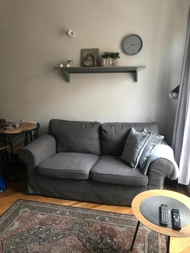 a living room with a gray couch and a table at Apartament Kowalska Starówka in Elblag