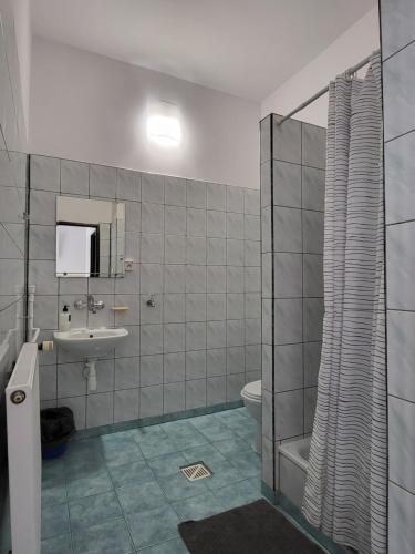 a bathroom with a shower and a sink and a toilet at Hotelik OSiR Lubawa in Lubawa