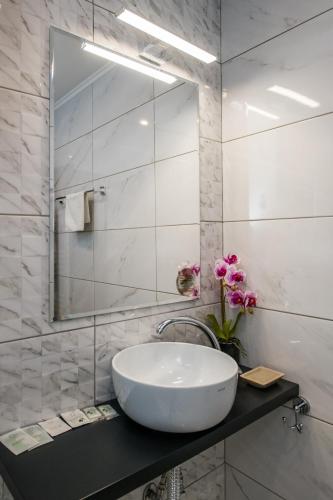 a bathroom with a sink and a mirror at Complex Panorama in Elena