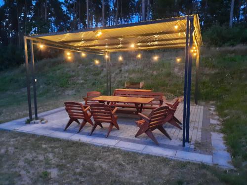 a picnic table and chairs under a tent with lights at LAKE VIEW Apartamenty in Brodnica