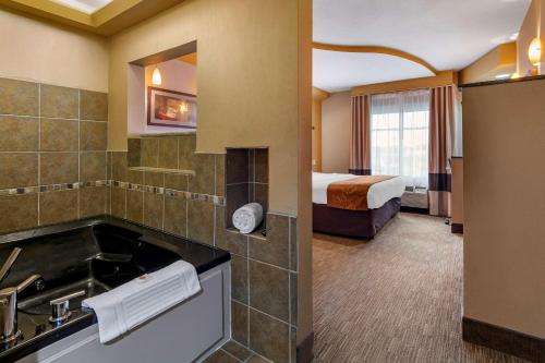 a hotel room with a bathroom with a sink and a bed at Comfort Suites Perrysburg - Toledo South in Perrysburg