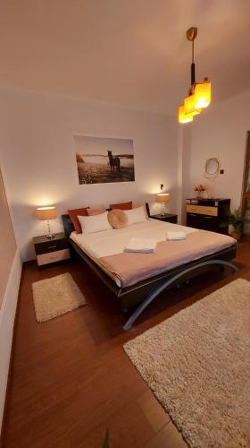 a bedroom with a large bed in a room at Ambiennt in Bucharest
