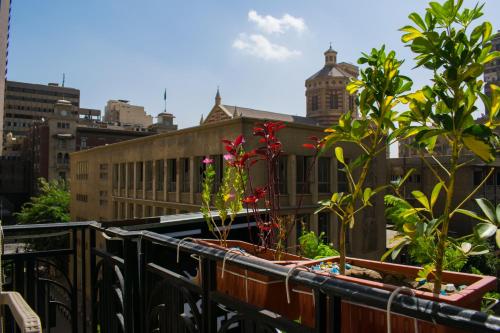 uma varanda com plantas e edifícios em uma cidade em Crown Hotel em Cairo