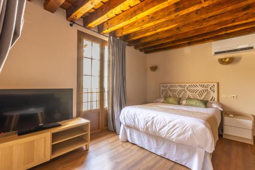 a bedroom with a bed and a flat screen tv at Apartamentos Turísticos La Casa Grande in Arévalo