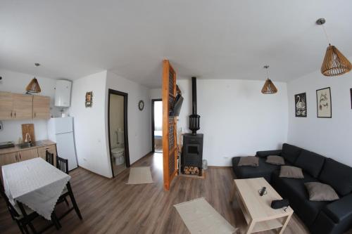 een woonkamer met een bank en een tafel bij Cabana de lemn Runcu Stone in Runcu
