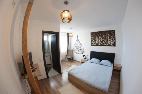 um quarto com uma cama e um espelho em Cabana de lemn Runcu Stone em Runcu
