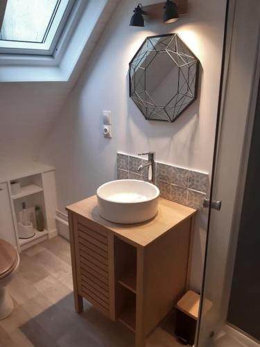 une salle de bain avec un lavabo et un miroir dans l'établissement Logement neuf en presqu'île sur le GR34, à Argol