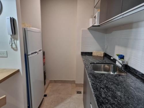 a kitchen with a sink and a refrigerator at Monoambiente San Martin in San Salvador de Jujuy