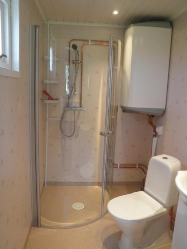 a bathroom with a shower and a toilet at Lillstugan med annex in Stånga