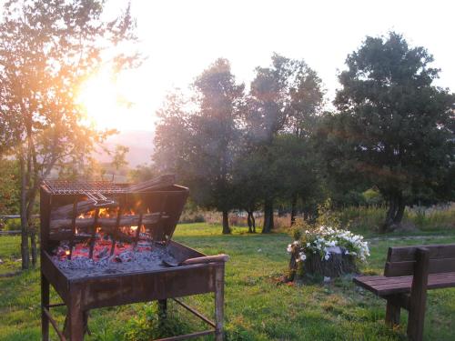 a grill in a field with a bench and flowers at Fattoria Bio L'A Ceccoli in Sassofeltrio
