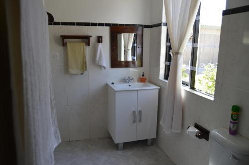 a white bathroom with a sink and a window at Villelodge Accommodation in Lüderitz