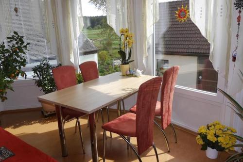 mesa y sillas en una habitación con ventana en Gertis Blumenhof Privatzimmer, Ferienwohnung, en Gmünd
