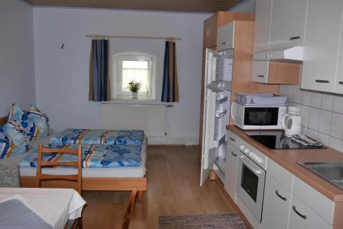 eine Küche und ein Wohnzimmer mit einem Bett in einem Zimmer in der Unterkunft Gertis Blumenhof Privatzimmer, Ferienwohnung in Gmünd