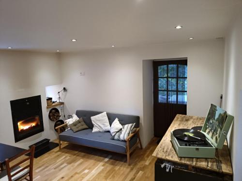 a living room with a couch and a fireplace at Domaine Mas de Galy in Saujac