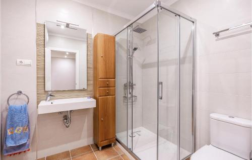 uma casa de banho com um chuveiro, um lavatório e um WC. em Cozy Apartment In Alcaucn With Kitchenette em Alcaucín
