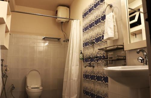 a small bathroom with a toilet and a sink at The Nettle and Fern Farmstay in Pelling