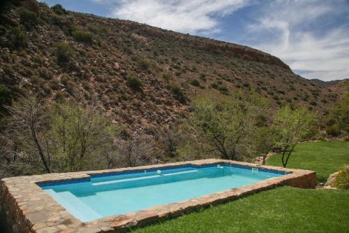 a swimming pool in the grass with a hill in the background at Bushman Valley in Prince Albert
