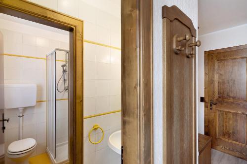 a bathroom with a toilet and a glass door at Casa San Marco n 9 in Livigno