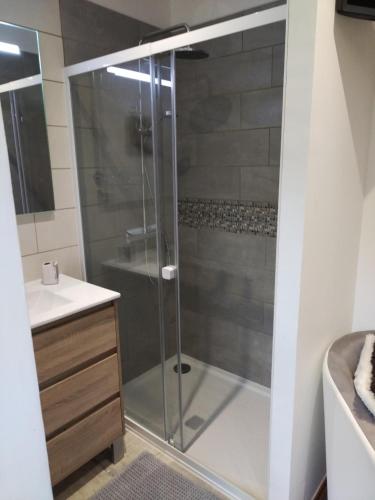 a shower with a glass door in a bathroom at La Ferme Du Levant in Gérardmer