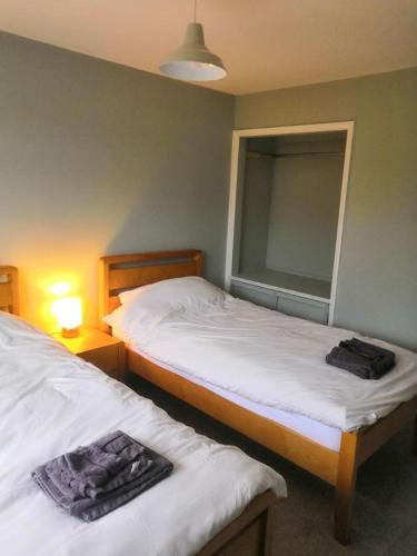 een slaapkamer met 2 bedden en een spiegel aan de muur bij Number 49 in Great Torrington
