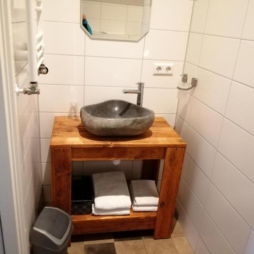 a bathroom with a sink on a wooden table at Veenemaat in Winterswijk