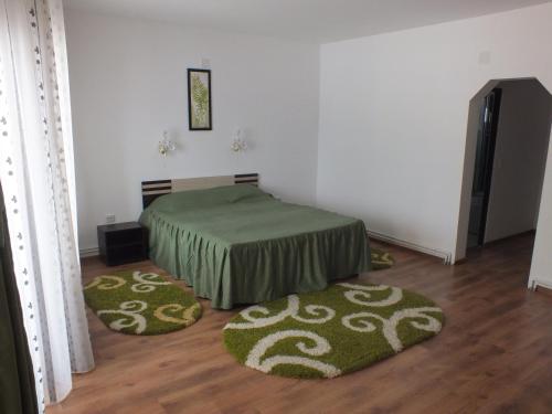 1 dormitorio con 1 cama y 2 alfombras en el suelo en Pensiunea Eliza, en Podu Coşnii
