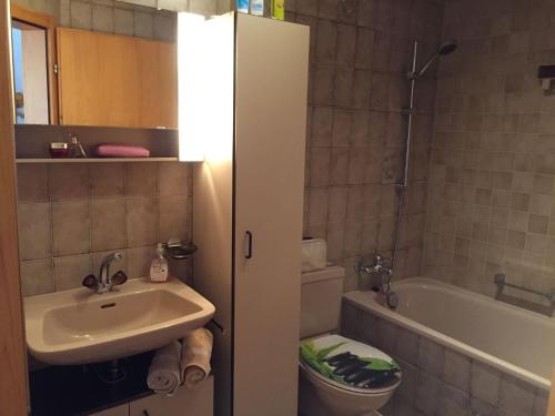 ein Badezimmer mit einem Waschbecken, einem WC und einer Badewanne in der Unterkunft Ferienwohnung im Haus Primula in Obersaxen