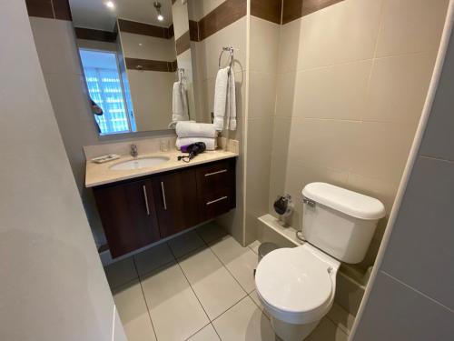 bagno con servizi igienici, lavandino e specchio di Brizen Apartments - Manuel Montt a Santiago